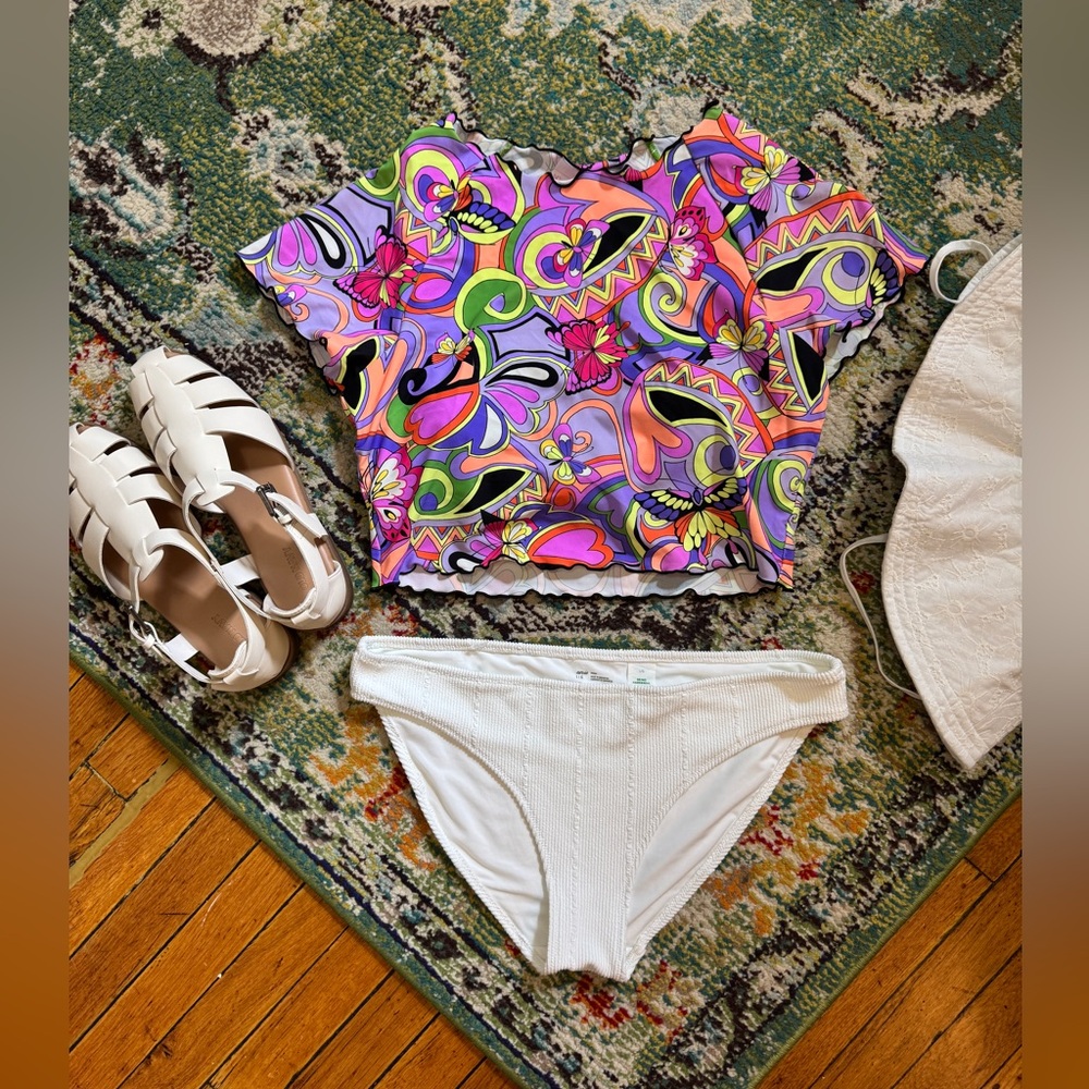 Colorful Patterned Top and White Bikini Bottom